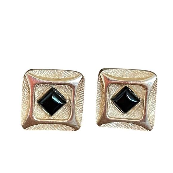 Unbranded Other - Vintage MCM Black Onyx Stone Cufflinks Gold Textured Square Mid Century Modern
